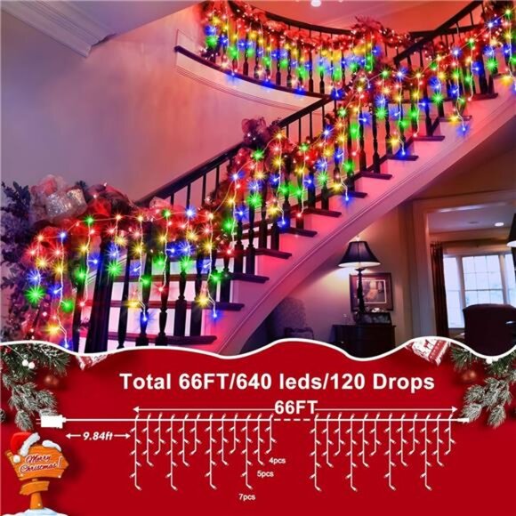 66ft Christmas Lights Decorations Outdoor, 640 LED 8 Modes Curtain - Picture 5 of 8